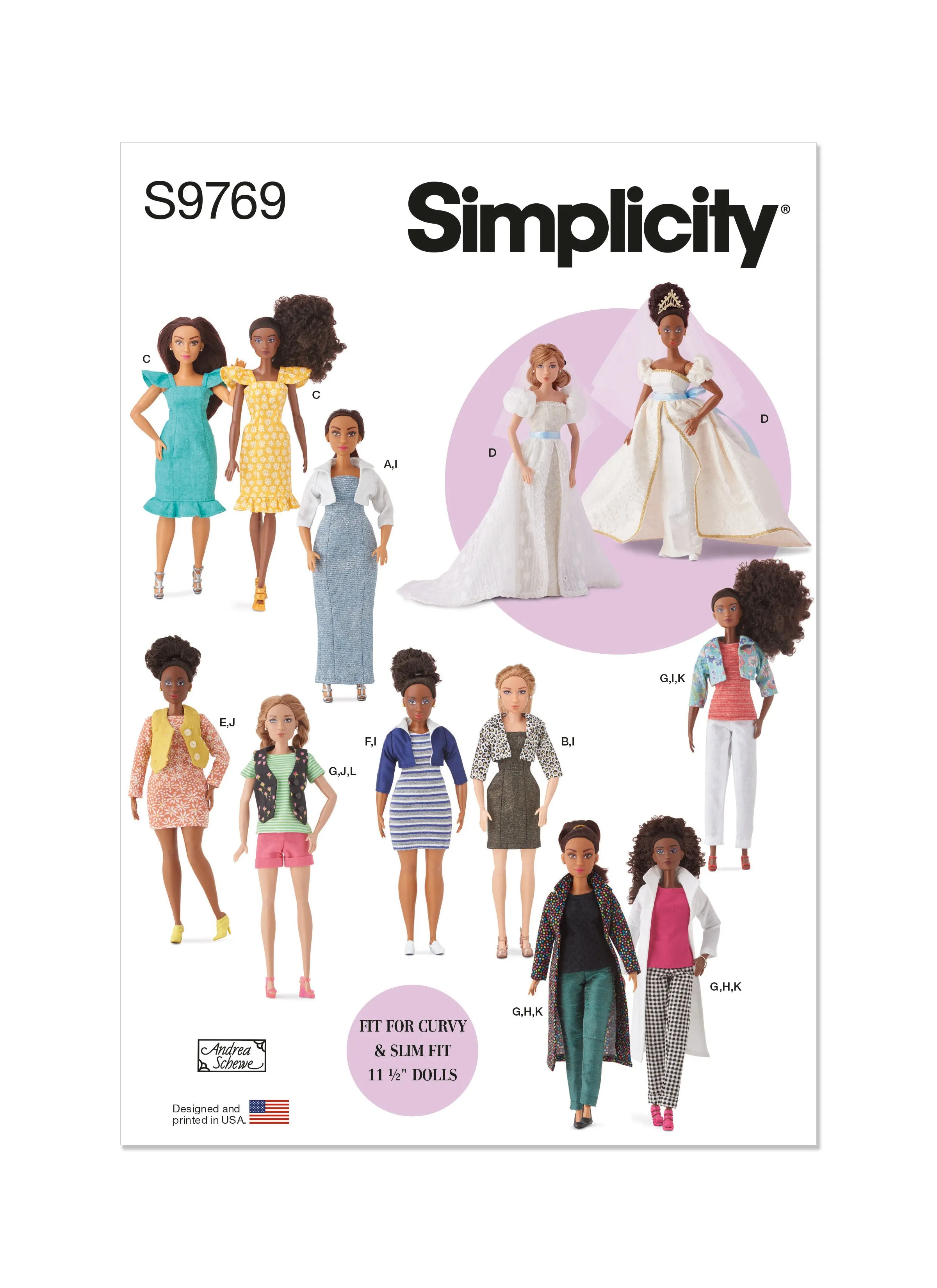 Simplicity 9769 sewing pattern Fashion Clothes for Regular and Curvy Size Dolls