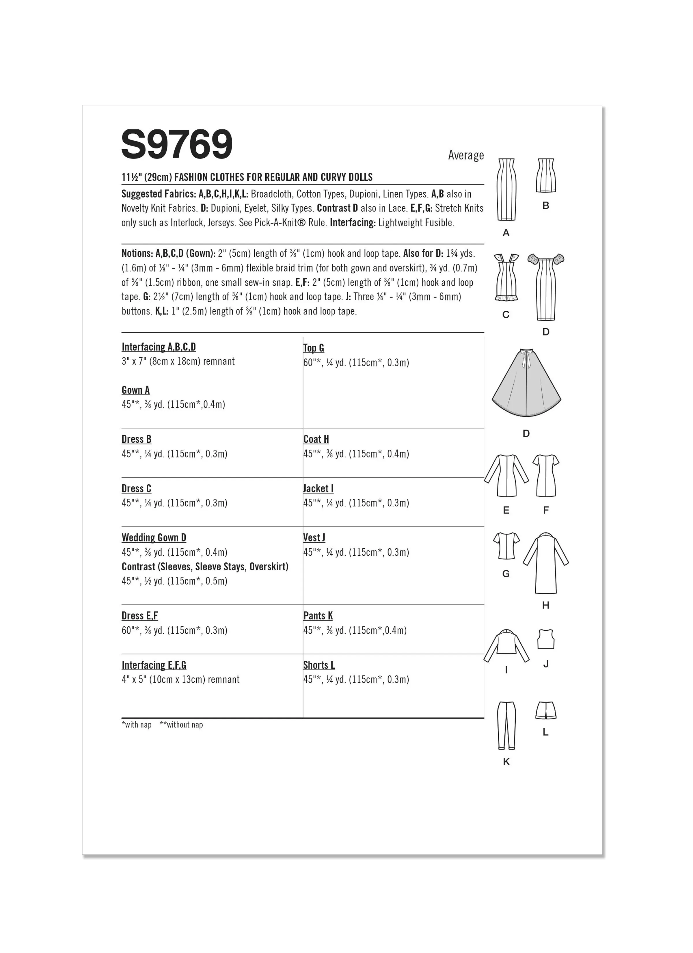 Simplicity 9769 sewing pattern Fashion Clothes for Regular and Curvy Size Dolls