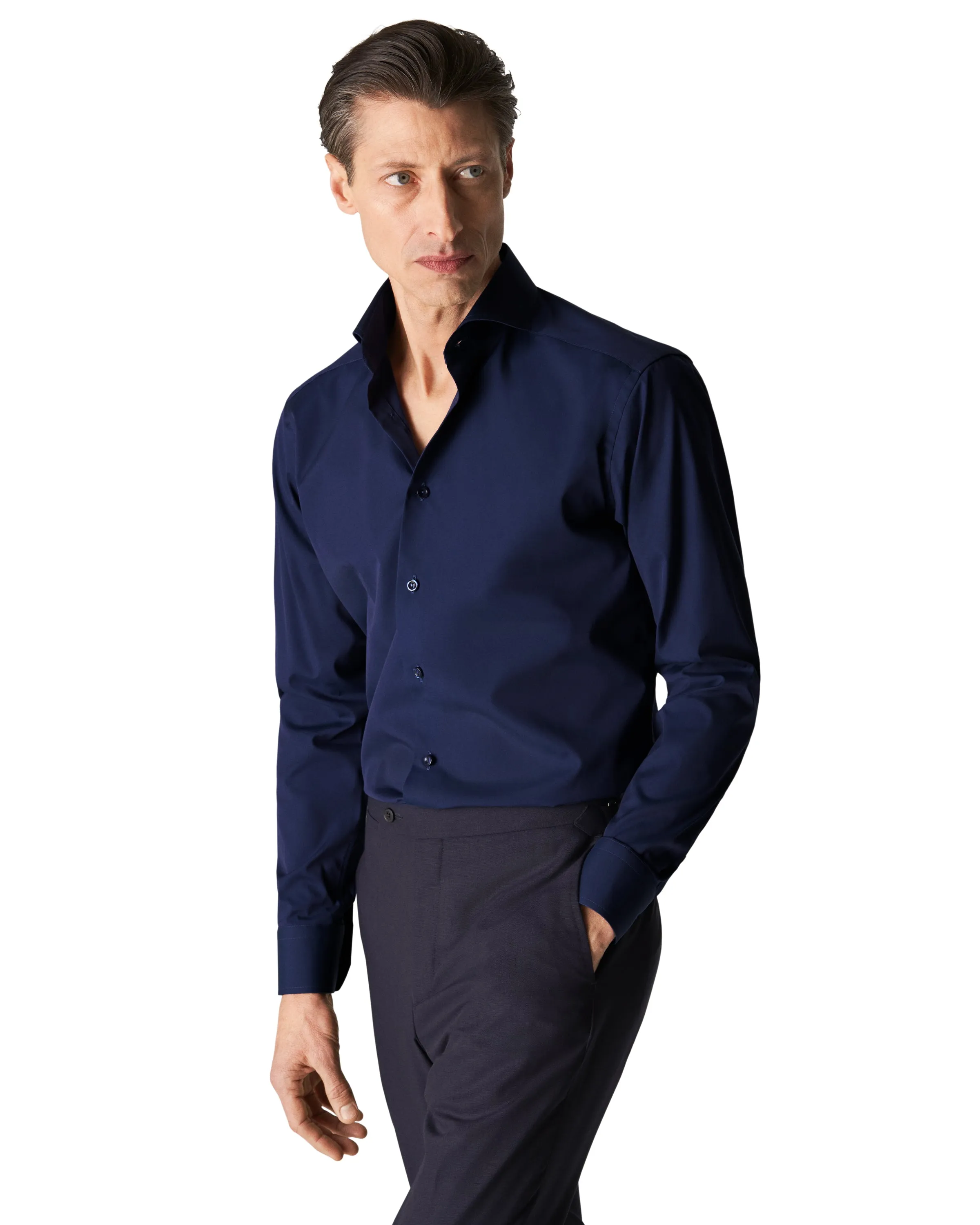 Slim Fit Single Cuff Cutaway Collar Shirt Navy