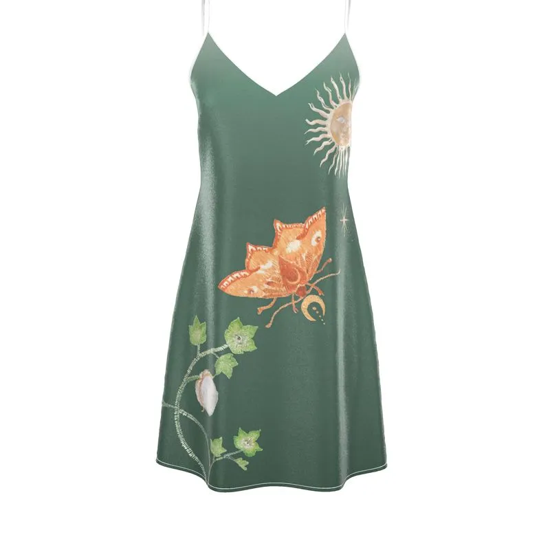 Sustainable Silk Slip Dress in Jungle Butterfly Green