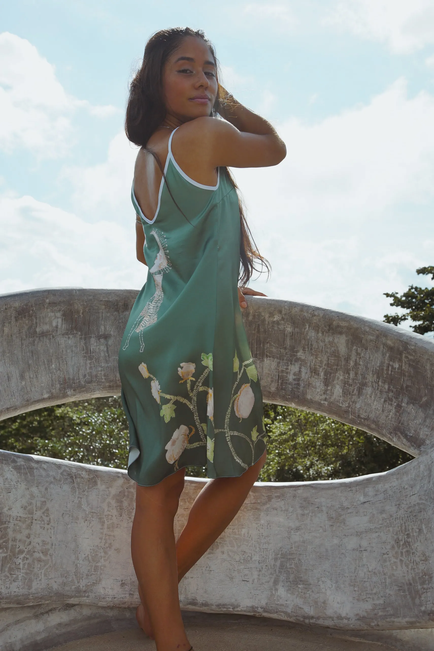 Sustainable Silk Slip Dress in Jungle Butterfly Green