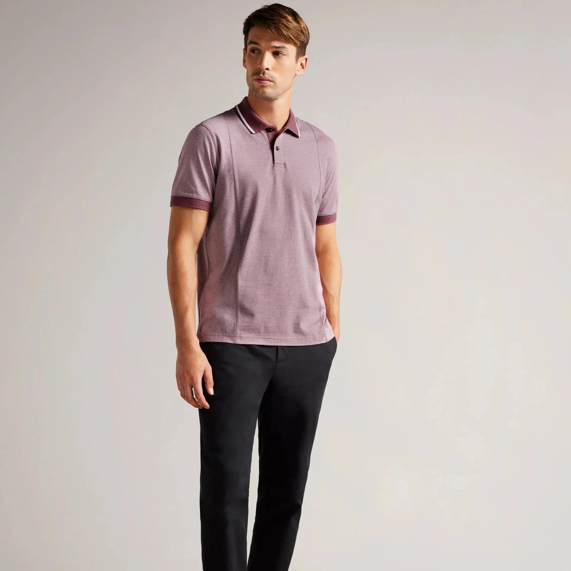 Ted Baker Taigaa Short Sleeve Regular Striped Panelled Polo Maroon