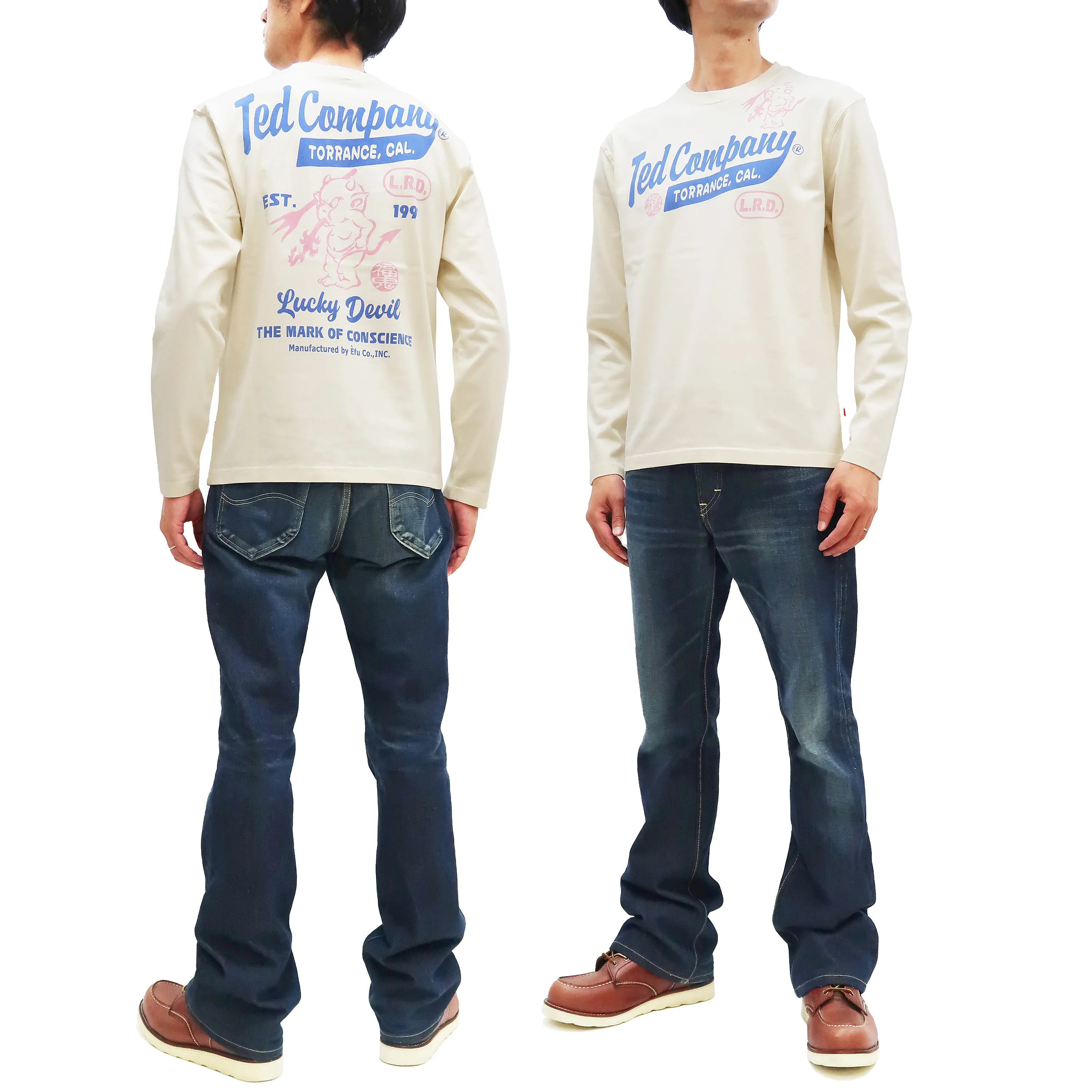 Tedman T-Shirt Men's Lucky Devil Logo Graphic Long Sleeve Tee Efu-Shokai TDLS-355 Off-White