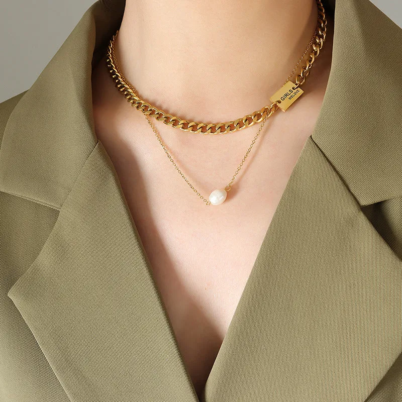 Thick and Thin Chain Stacked Two Gold Layered Necklace