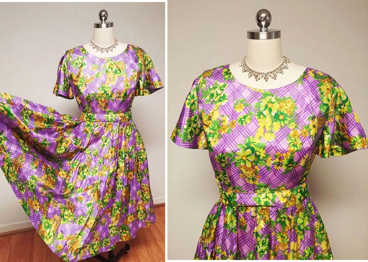 *VINTAGE '50s PURPLE & GREEN LATTICE SATINY METAL ZIPPER DRESS