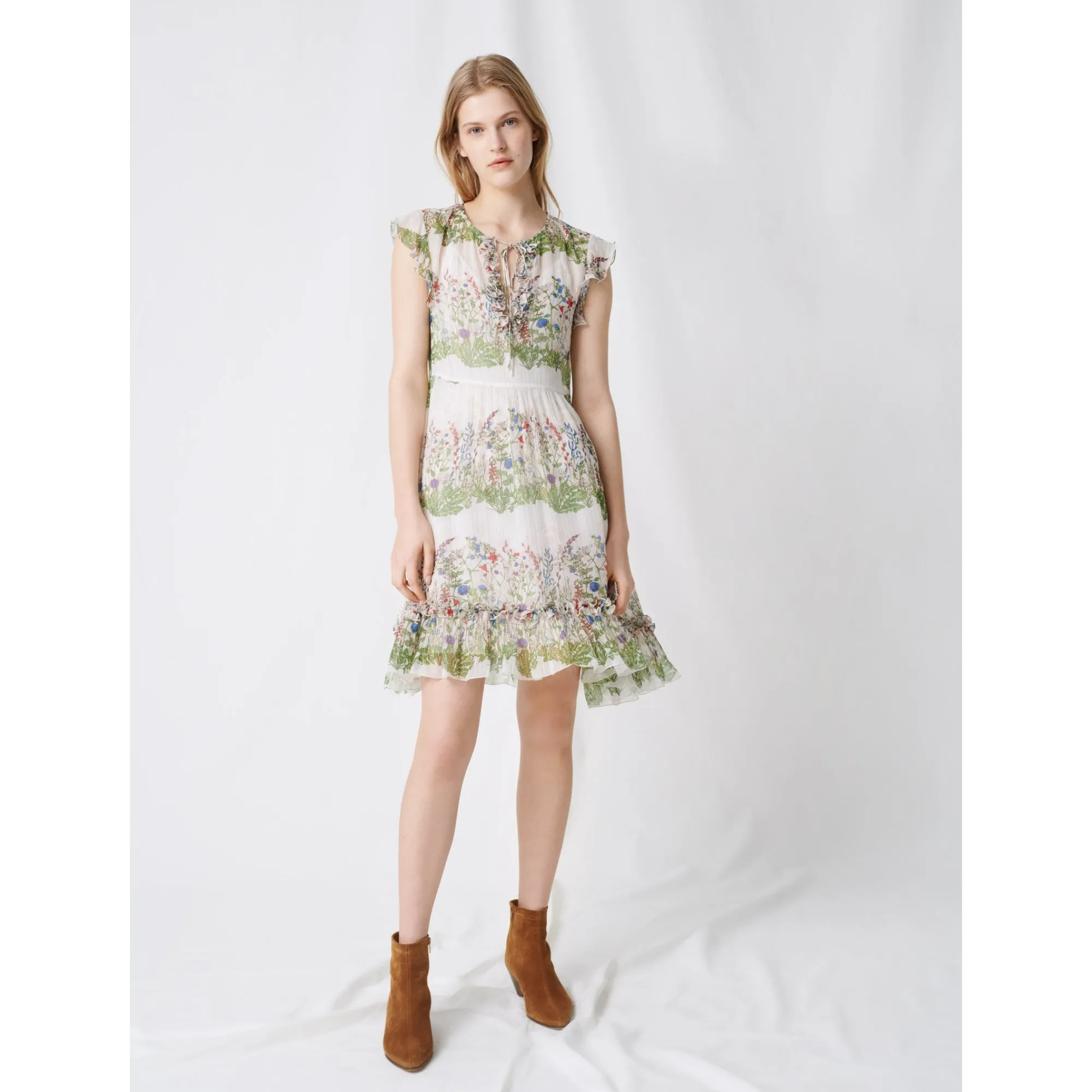 Women Printed Silk Dress - Ecru / Green