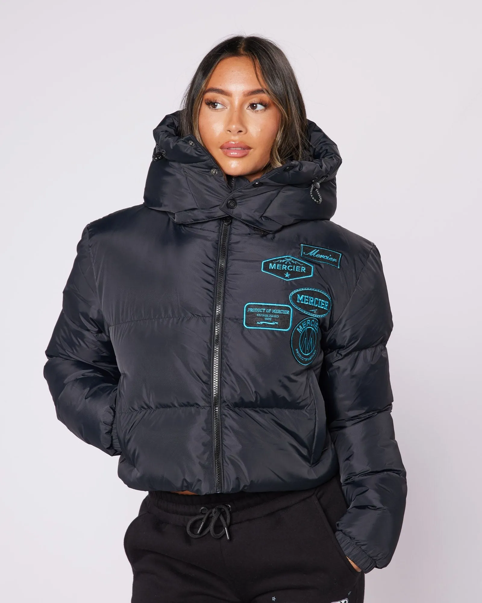 Womens Black/Aqua Cropped Puffer Jacket