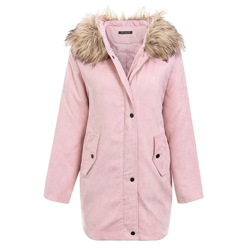 Women's Winter Faux Fur Hooded Corduroy Thick Parka