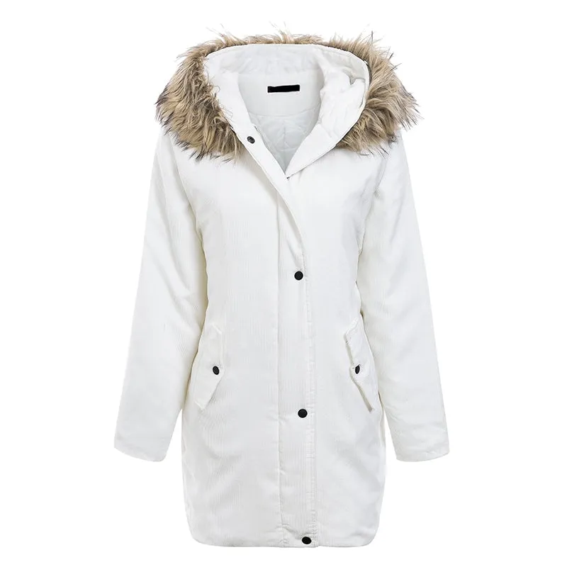 Women's Winter Faux Fur Hooded Corduroy Thick Parka