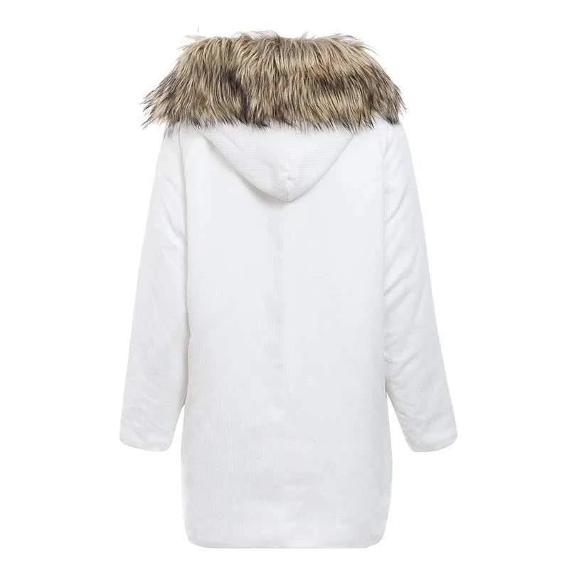 Women's Winter Faux Fur Hooded Corduroy Thick Parka