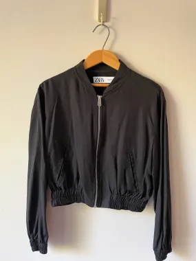 Zara Black Lyocell Cropped Bomber Jacket - Small